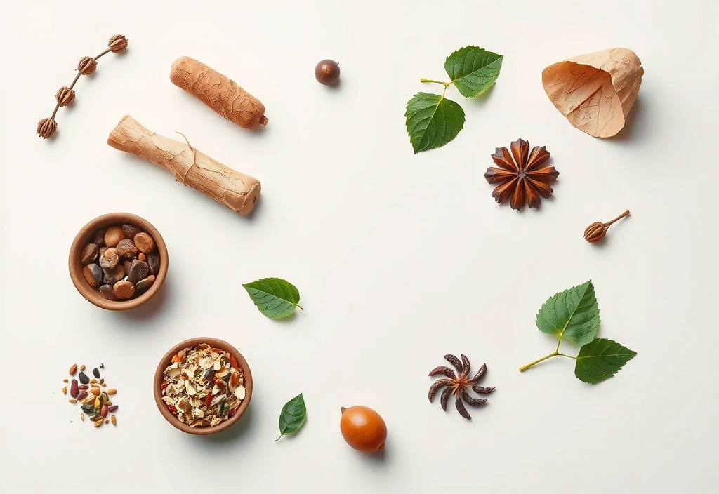 Natural ingredients including herbs and roots arranged professionally