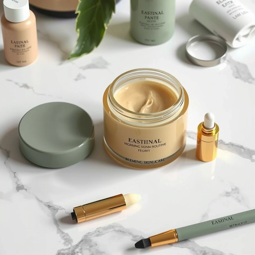 Morning skincare routine with elegant products arranged beautifully